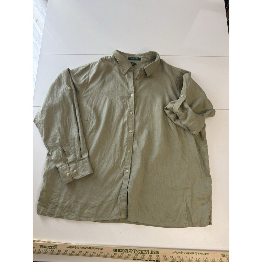 Lauren Ralph Lauren Shirt Womens 1X Army Green Linen Button Down Roll Tab